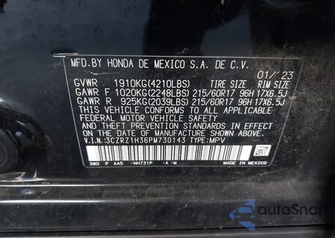 2023 Honda Hr-V 2Wd Lx from USA, damaged, VIN 3CZRZ1H36PM730143